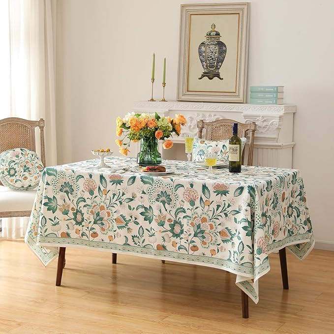 patdrea Designer Linen Green Small Cloth for Rectangle Table,Vintage Italian Floral Country Linen Tablecloth,Decor Cover for Kitchen Dining,Christmas,Thanksgiving,Tea Party,55"x71"-Tree Life