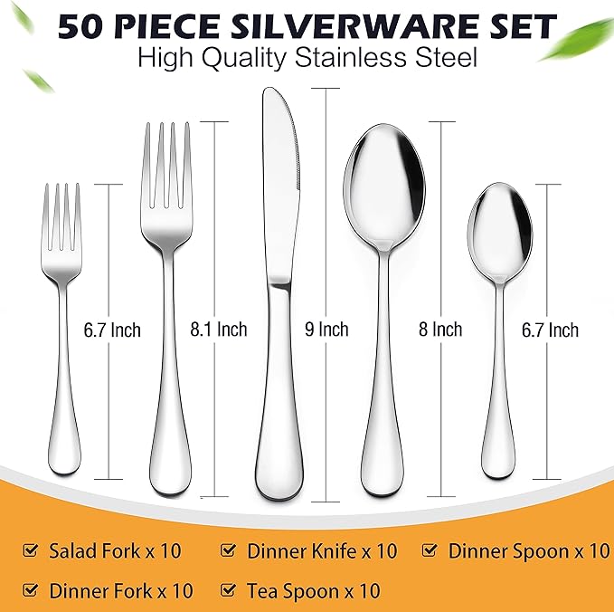 LIANYU 50-Piece Silverware Flatware Set for 10, Stainless Steel Cutlery Set Includes Fork Spoon and Knife, Kitchen Restaurant Tableware, Mirror Finished, Dishwasher Safe