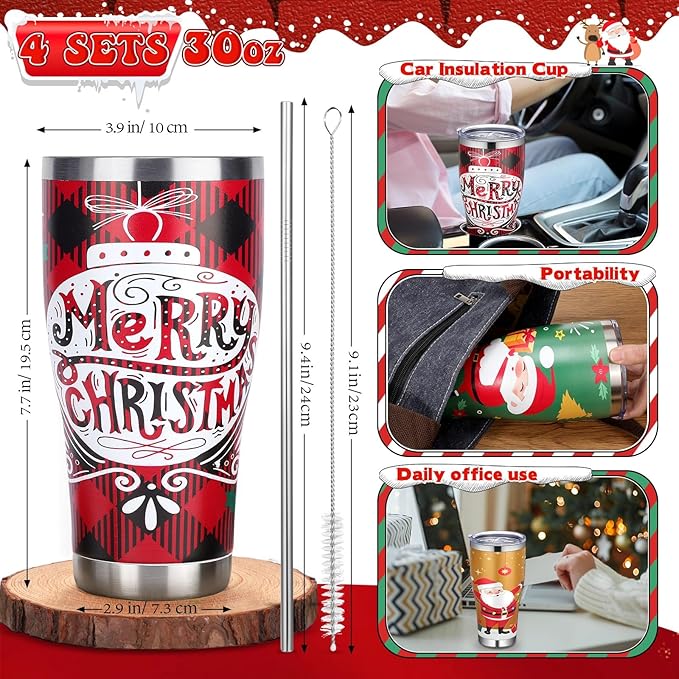 Mifoci 4 Pcs 30 oz Christmas Tumbler with Lid and Straw Stainless Steel Christmas Mug Double Insulated Cup Insulated Coffee Tumbler with Straw Brush for Holiday Coworkers Women Gifts(Style 3)