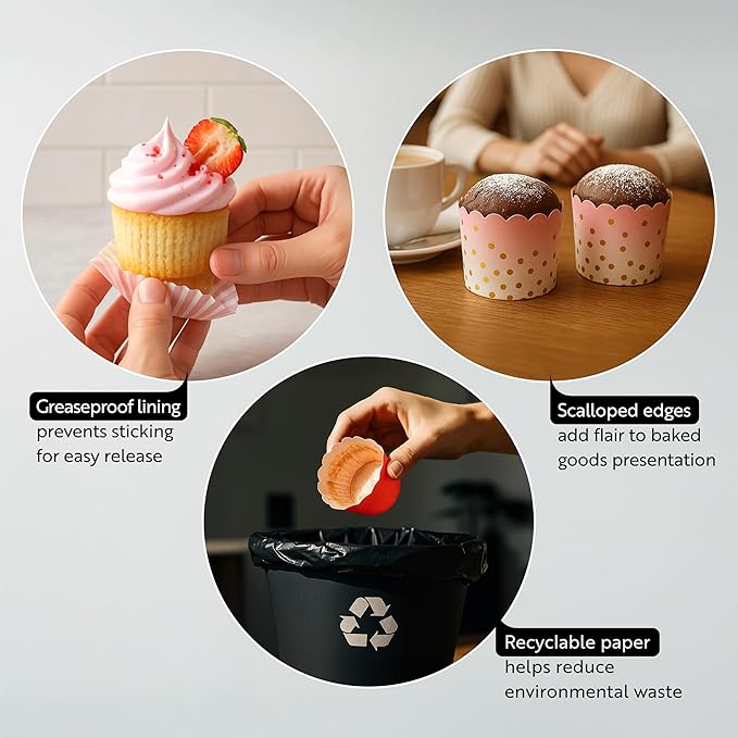 Restaurantware Baking Cups 200 Pack of 6 oz Paper Cupcake Liners Greaseproof Scalloped Oven-Safe Elegant Dessert Muffin Cups Disposable for Parties