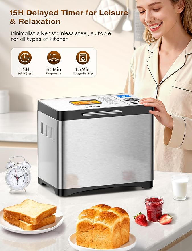 KBS 19-in-1 Programmable Bread Maker, 2LB Bread Machine with Healthy Ceramic Pan, Stainless Steel Bread Maker Machine with 15H Timer& 1H Keep Warm, Sourdough, Gluten Free, 3 Crust Colors, 53 Recipes