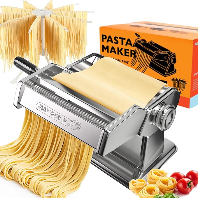 Pasta Maker Machine Set with Pasta Drying Rack Noodle Maker Machine 9 Adjustable Thickness Settings, Gifts for Her 2-in-1 Rollers & Cutter for Spaghetti, Fettuccine, Lasagna & More