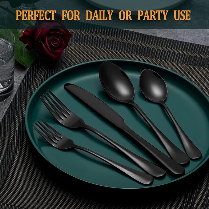 40 Pcs Black Silverware Set, Stainless Steel Flatware Set for 8, Food-Grade Cutlery Set, Mirror Polished Tableware Eating Utensils Set for Home Kitchen, Include Knife Fork Spoon Set, Dishwasher Safe