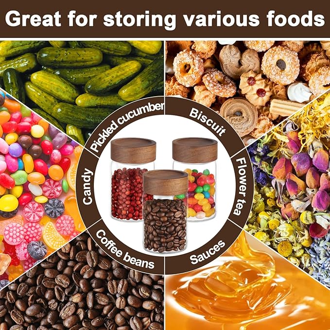 Coffee Jar with Wood Lid, 2 Pack 7oz 220ml Glass Canister with Wooden Airtight Lids, Empty Food Storage Containers, Screw Top Glass Mason Jars for Spice, Sugar, Tea, Oatmeal, Salad, Beans, Nuts