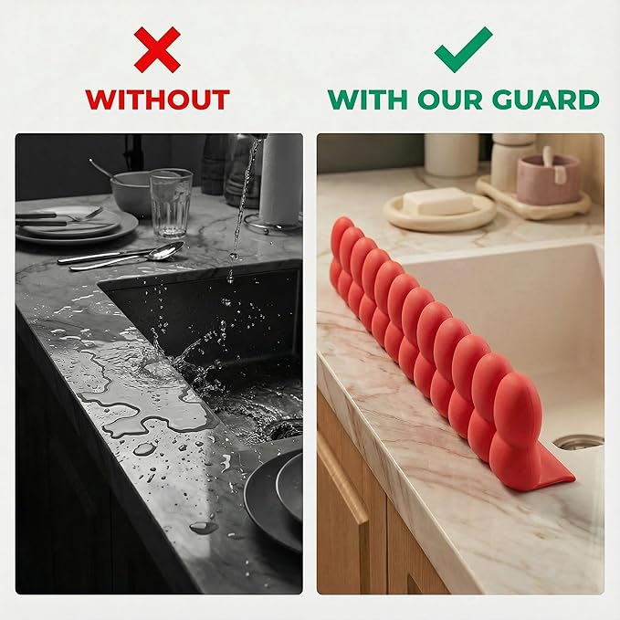 Silicone Sink Splash Guard for Kitchen & Bathroom - 20" Water Barrier with Suction Cups. Faucet Splash Catcher to Keep Clothes Dry & Countertop Clean.