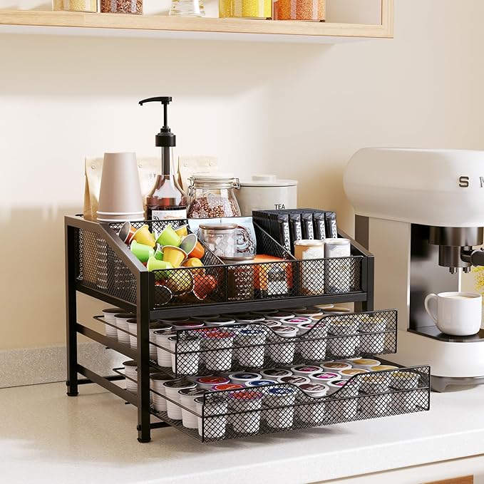 Homsorout Coffee Bar Organizer - Coffee Station for Countertop, Metal and Wood K Cup holder Storage Basket for Syrup, Cups, Stirrer, Condiment, Tea Organizer, Black