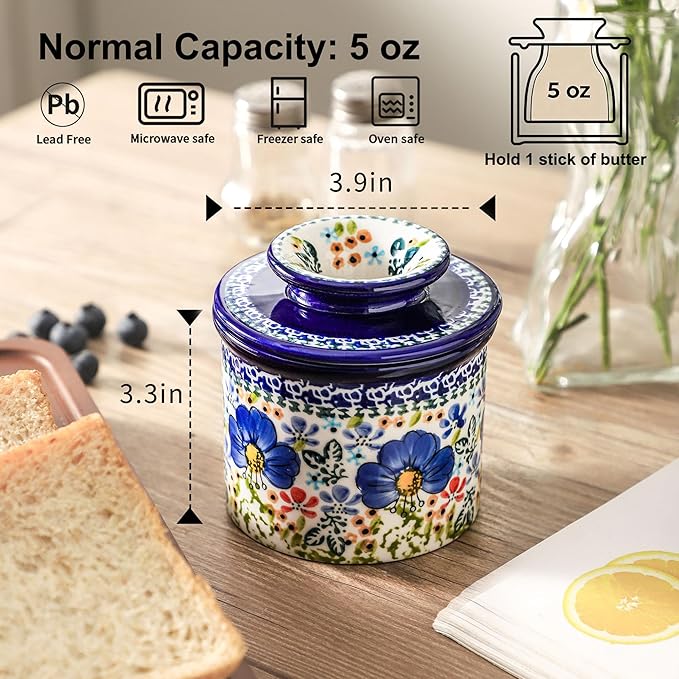 French Butter Crock with Lid for Countertop,Handpainted Floral Butter Keeper with Water Seal Line, Farmhouse Ceramic Butter Container Airtight for Soft Spreadable Butter,Housewarming Gifts