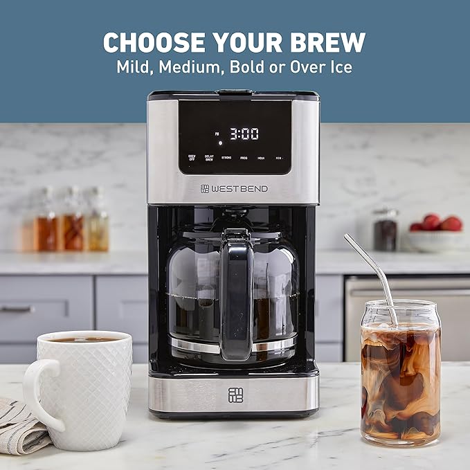 West Bend Drip Coffee Maker Brews Hot or Iced, Programmable with Brew Strength Selector Auto Shut-Off and 6 Functions Permanent Mesh Filter and Glass Carafe, 12-Cup, Metallic