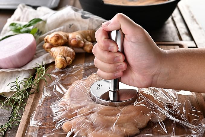 Meat Pounder Tenderizer - Solid Cast Stainless Steel Round Chicken Flattener Tool - Works Great As A Smash Burger Press - Dishwasher Safe