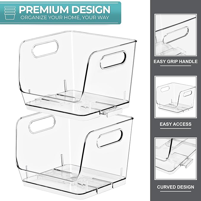 Sorbus Stackable Storage Bins Open Front, Clear Stackable Storage Bins, Pantry Bins for Storage and Organization, Acrylic Stackable Bins for Kitchen, Clear Pantry Organizer Bins (Small Square 4 Pack)