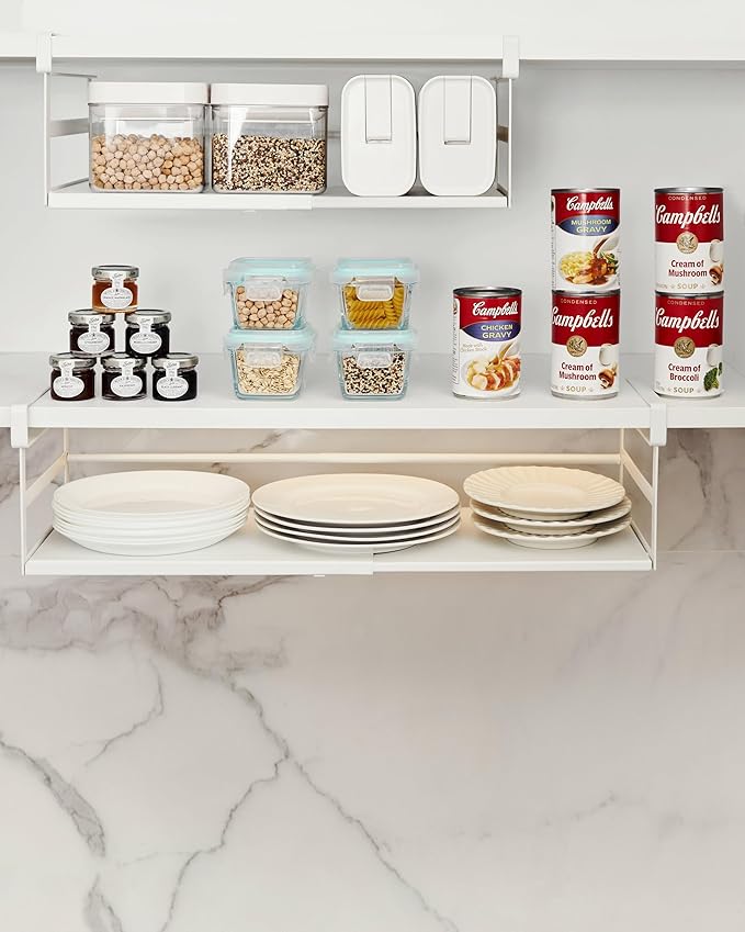 2Pack Under Shelf Storage Basket Organizer Expandable Width Add-On Space Saver Hanging Under Cabinet Pantry Kitchen Countertop Desktop Cupboard Board Slide-In White Heavy-Duty Metal Wider Size
