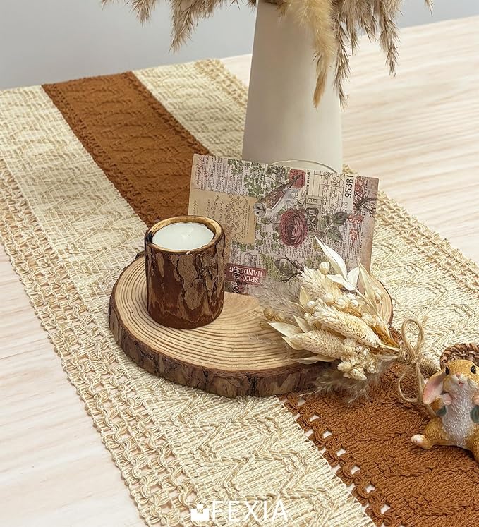 FEXIA Boho Table Runner 48 Inches Long Thanksgiving Decor with Tassels Farmhouse Style for Party Wedding Baby Bridal Shower Dining Decor Middle Brown (12x48 Inches)
