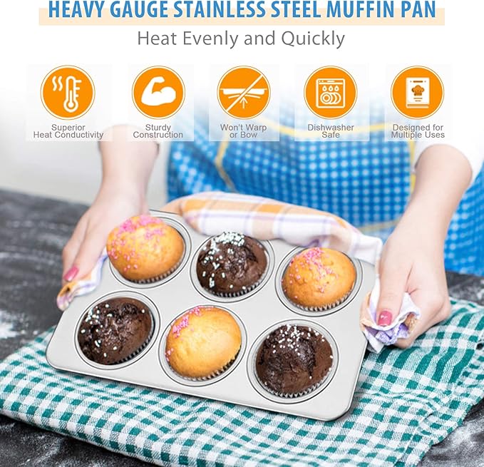 E-far Muffin Pan Set of 3, Stainless Steel Muffin Pan Tin for Baking, 6-Cup Metal Cupcake Pan Tray, Non-toxic & Healthy, Oven & Dishwasher Safe, Regular Size - 11.44 x 7.12 x 1.25 inch