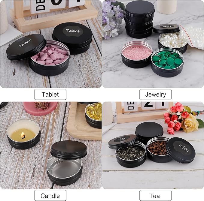 OBKJJ 60 Pack Round Cans with Screw Lid 4 Oz Aluminum Metal Tins DIY Food Candle Containers for Lotion Bars, Balms, Salve, Spices, Beard Balm, Crafts with 4 Markers 2 Sheets Label Stickers