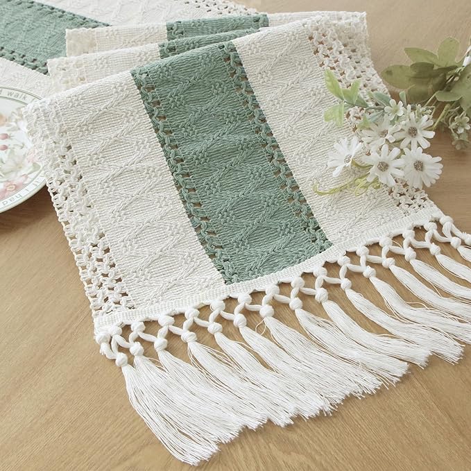 FEXIA Sage Green Table Runner 48 Inches Long with Tassels Boho Macrame Farmhouse Table Runners for Home Decor Party Bohemian Rustic Bridal Shower Dining Decorations (12x48 Inches)