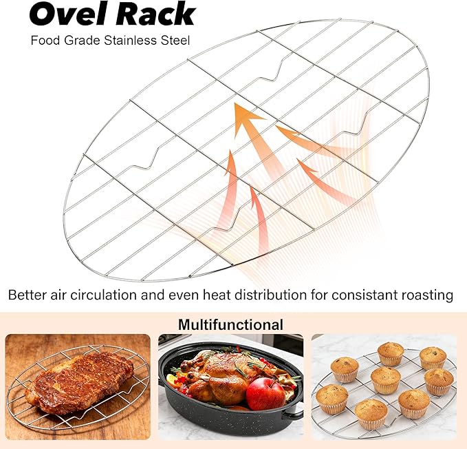 18” Roaster Pan with Lid and Rack, Large Enamel Roaster Pan with Oval Roasting Rack, Granite Baking Pot for Chicken Turkey Lamb, Heat Resistant, Oven/Dishwasher/All Stovestops Compatible