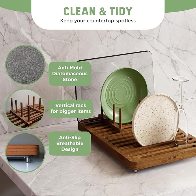 NIUM Stone Drying Mat for Kitchen Counter & Bamboo Rack - 16″x12″ - Diatomaceous Earth Dish drying mat Ultra Absorbent & Fast Drying - EcoFriendly with Non-Slip Pads & Anti-Moisture Design