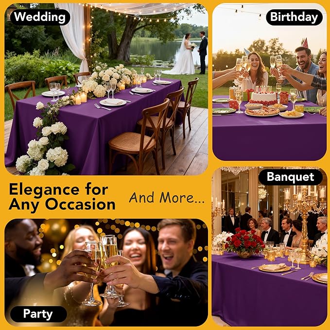 6-Pack Purple Tablecloths for Square Tables, 54 x 54 Inches, Stain-Resistant Polyester Fabric for 2 Foot Tables - Washable Table Covers for Weddings, Banquets, Birthday Parties, Events