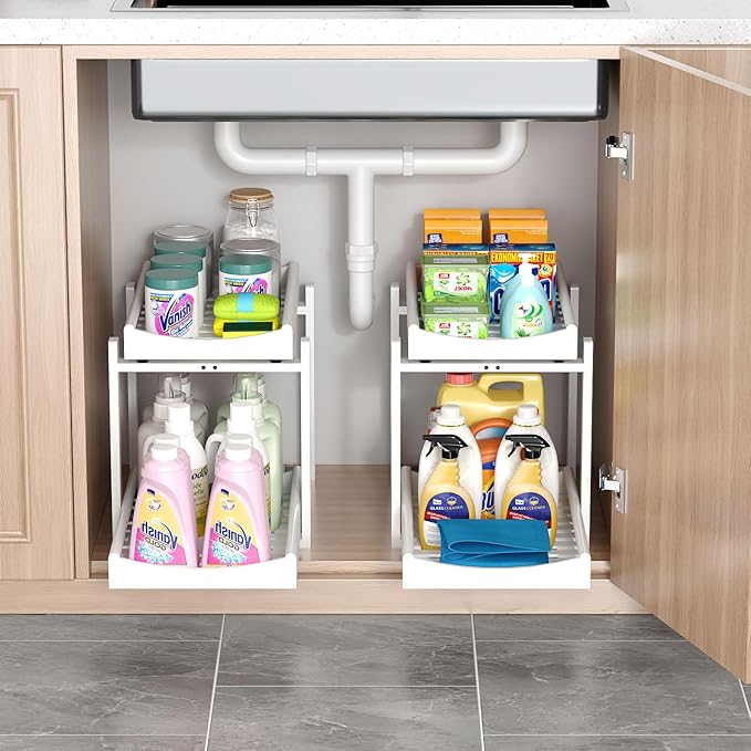 MHXW SXPN Bamboo Under Sink Organizer and Storage, Pull Out Cabinet Organization, 2 Tier Vertical Slide Out Undersink Storage Shelf, Organizer Shelves for Kitchen Bathroom Medicine (White, 2 Pack)