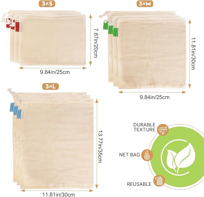 Ycsst 9 Pack Reusable Produce Bags, Cotton Mesh Vegetable & Fruit Bags for Grocery Shopping, Washable Eco Friendly Produce Storage, Reusable Grocery Bags Set (3 Sizes)