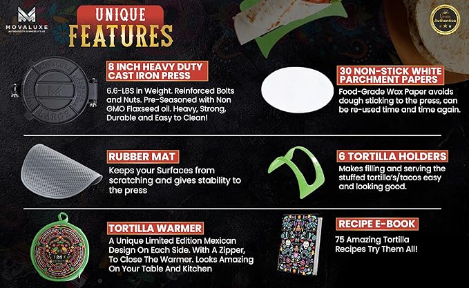 Movaluxe® Tortilla Press 8 Inch Cast Iron LARGE – Corn & Flour Roti Maker Machine Heavy Duty Tortillera Presser. With Parchment Paper, Warmer Pouch, Taco Holders, Rubber Mat & Digital Culinary Guide