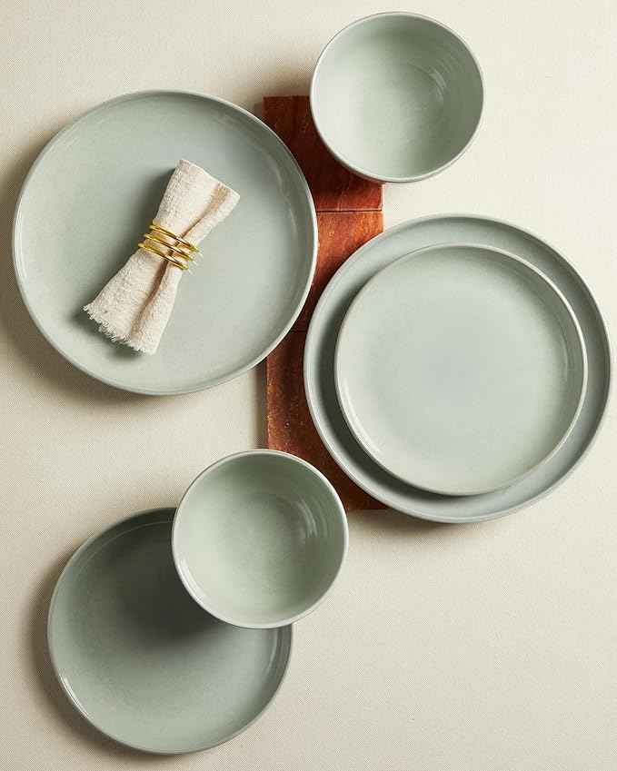 24 Piece Dinnerware Set for 8, Santorini Mist Terracotta Plates and Bowls Sets, Complete Stoneware Dish Set for Large Families and Entertaining, Microwave & Dishwasher Safe, Slate Green
