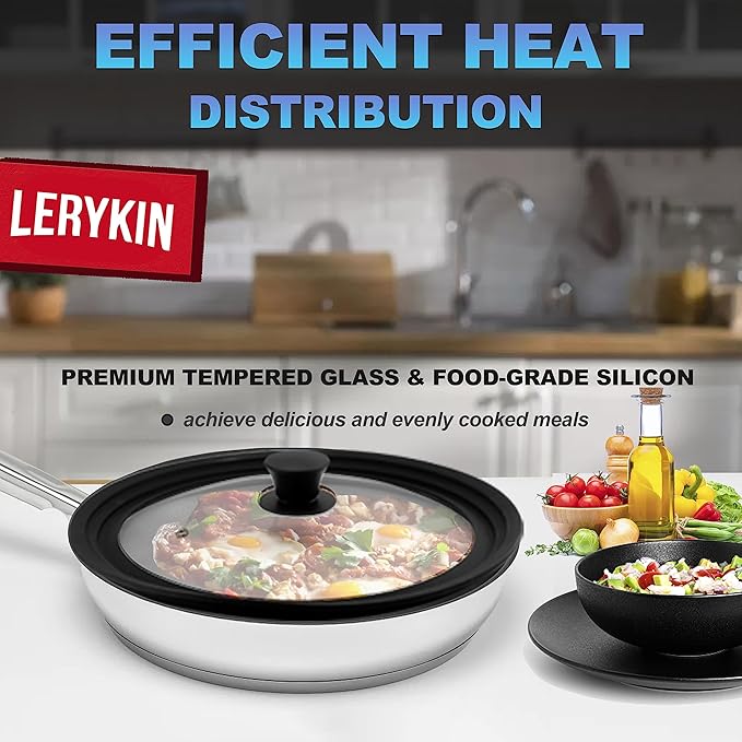 Lerykin Tempered Glass Lid - Universal Lid with Heat Resistant Silicone Rim for Pots, Pans and Skillets - Pan Cover Replacement Lid Fits 11", 12" and 12.5" Diameter Cookware