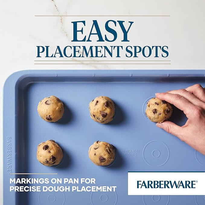 Farberware Easy Solutions Nonstick Baking Set, Includes Cookie Pans, Loaf Pan, and Cake Pan with Portion Marks, 4 Piece, Non Stick Bakeware Set - Blue