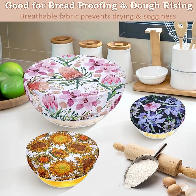 5-Size Reusable Beeswax Bowl Covers for Bread Proofing, Cotton Cloth Flexible Beeswax Wraps for Food Storage(Protea Floral)