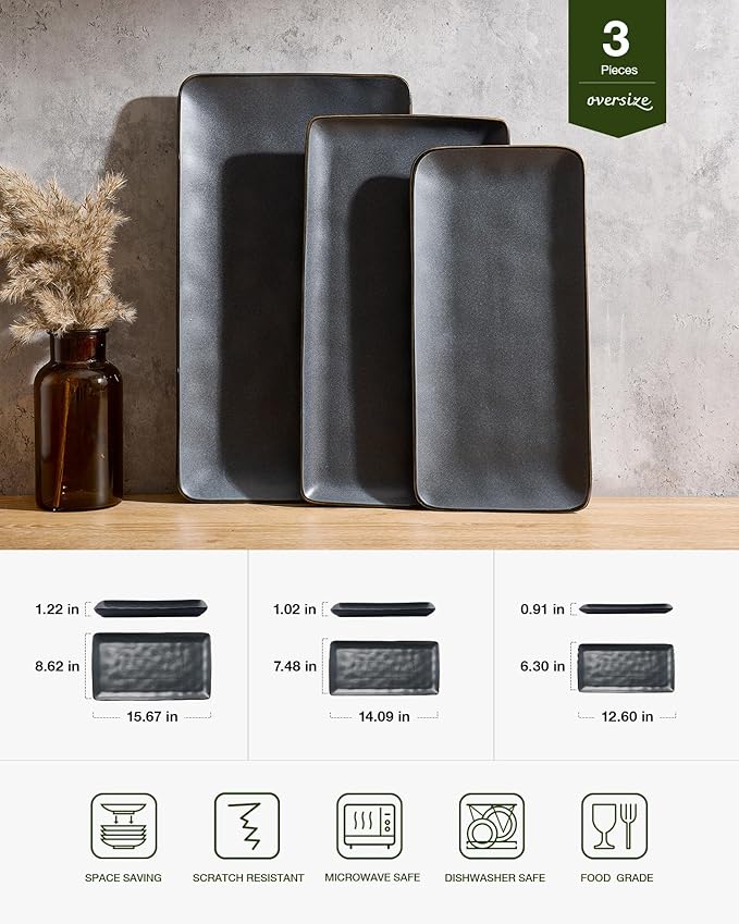 Famiware Serving Platter, Rectangular 15.67/14.1/12.6inch Serving Dishes for Entertaining, Dishwasher Safe, Stoneware Serving Trays for Party, Food, Turkey, Cheese, Reactive Glaze, Matte Dark Charcoal