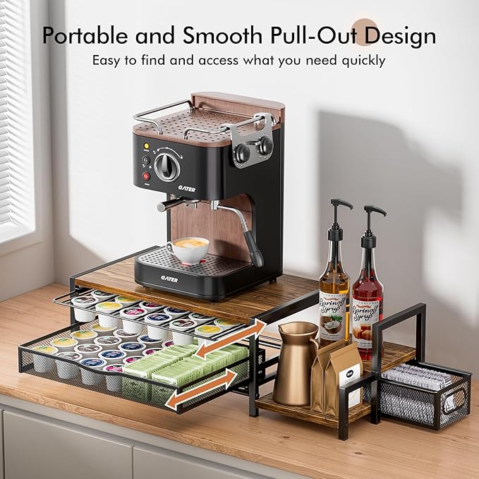 K Cup Holder, 2-Tier Coffee Pod Holder for 60 Pods, K Cup Drawer Organizer with Sliding Storage Drawer, Coffee Bar Station Organizer for Countertop, Space Saving, Home & Office, Brown