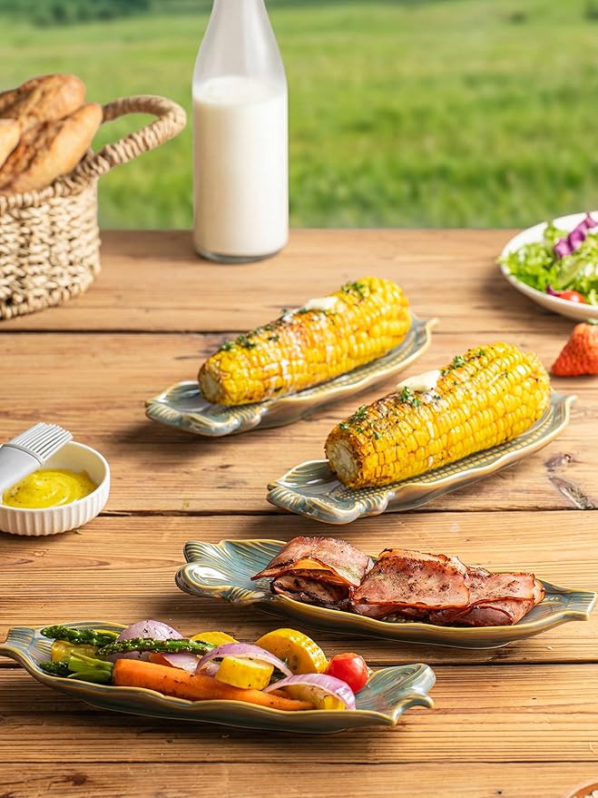Corn Dishes, Ceramic Corn on the Cob Holders and Trays, Set of 4