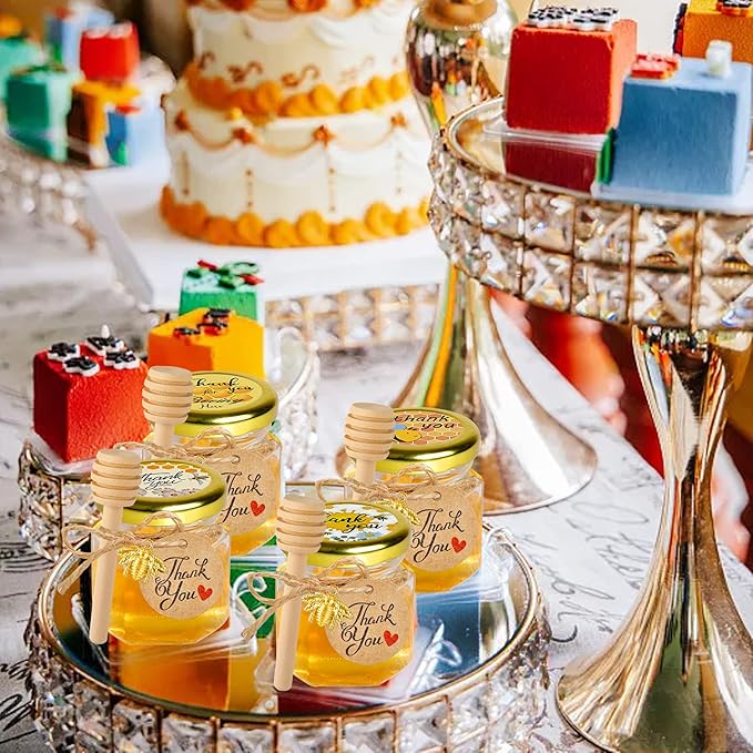 GIVAMEIHF Mini Glass Honey jars with Lids-1.5oz,48 pack Honey Jars,Small Honey Jar with Dipper,Thank You Tags,Jutes Rope,Empty Glass Jars for Jams,Baby Shower, Wedding Favors, Party Favors