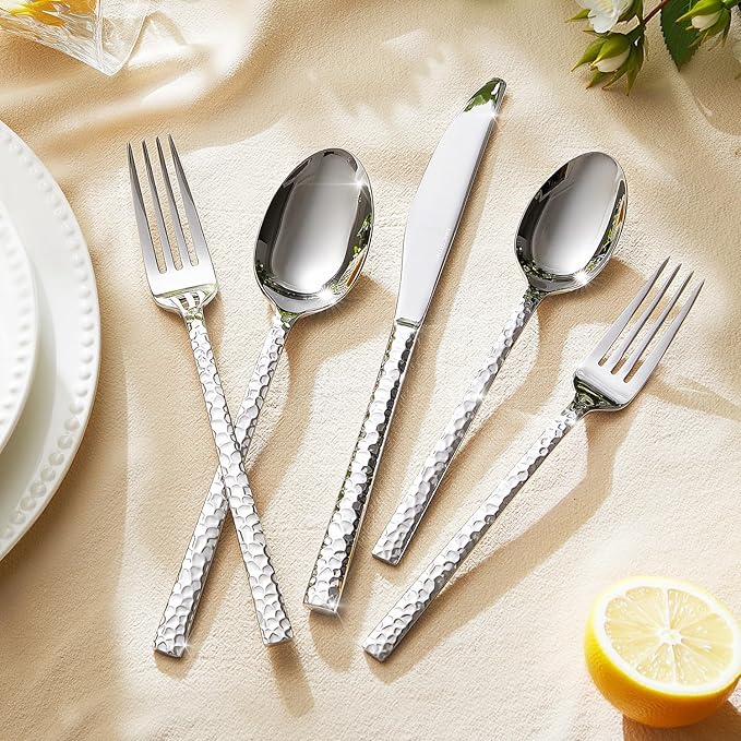 KINGSTONE 45 Piece Hammered Silverware Set with Serving Utensils, 18/10 Stainless Steel Flatware Set for 8, Cutlery Set for Home, Party, Wedding, Mirror Polished Dishwasher Safe