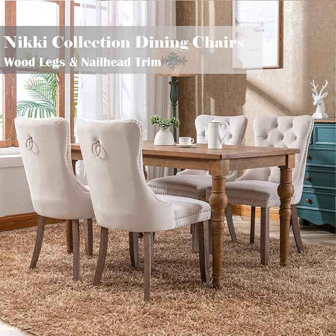 Beige Velvet Dining Chairs Set of 6, Upholstered Dining Room Chairs with Back Ring Pull Trim and Solid Wood Legs, Tufted Wingback Kitchen Chairs for Dining Room,Living Room,Kitchen(Beige)