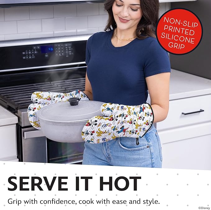 Disney Silicone Oven Mitts Heat Resistant – Set of 2 Long Cuff Cotton Kitchen Mitts with Silicone Grip Stripes, Cute Oven Mitts & Pot Holders for Cooking, Baking & Kitchen Essentials –Mickey & Friends