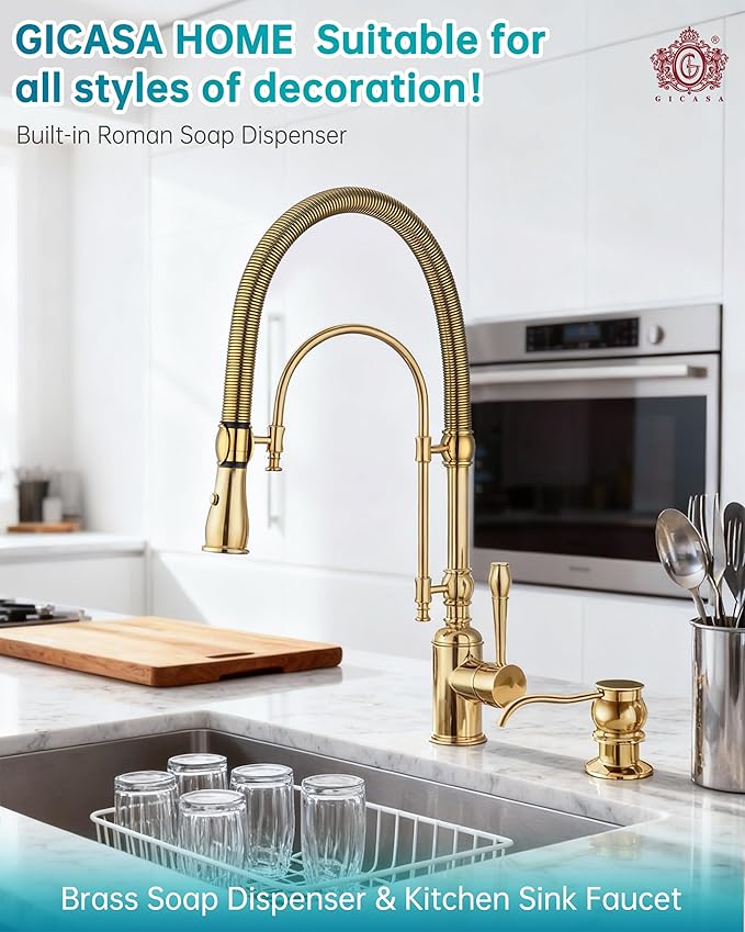 Built in Deck Mount Liquid Lotion Kitchen Countertop Metal Soap Dispenser, Gold Brass Dispenser Pump with 500ml (17oz) High Capacity Bottle