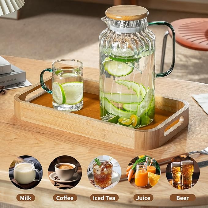 Buaic 2 PACK Glass Pitcher with Lid, 68 oz/ 2 Liter Classic Vertical Stripes Water Pitcher with Bamboo Lids,Glass Water Carafe for Cold Brew, Coffee, Lemonade, Iced Sun Tea,Beverage,Milk