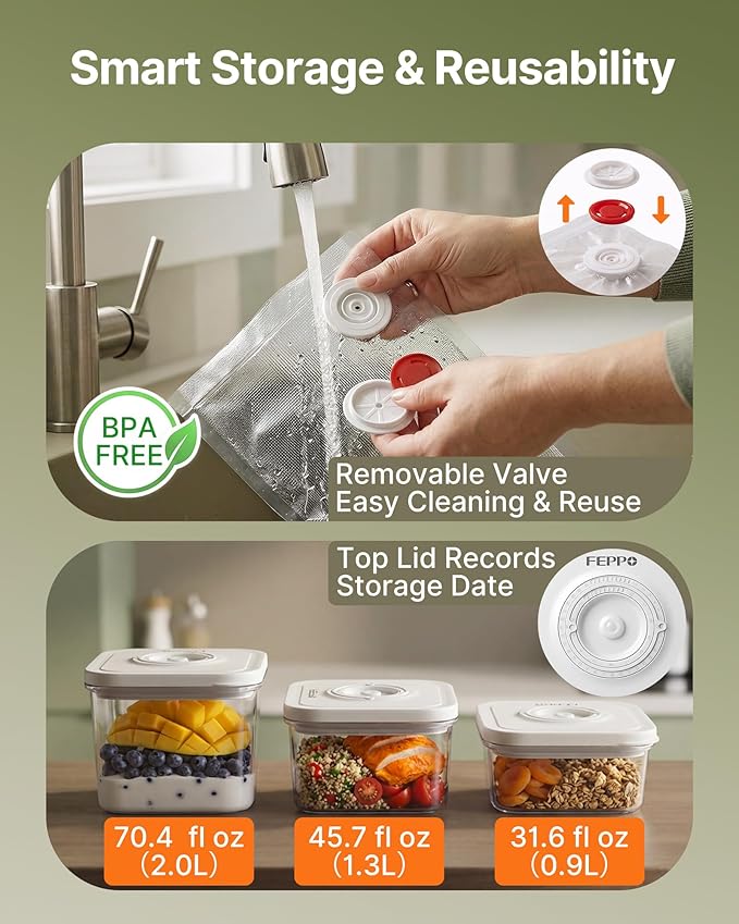 FEPPO Compact Vacuum Sealer for Food (Vacuum Sealer Machine + 3 Containers + 10 Reusable Bags), Anti-Overflow Powerful Portable Handheld Food Sealer, Auto & Manual Modes, Travel Lock, Easy-Clean