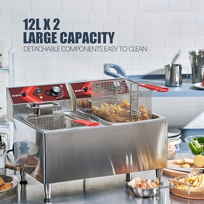 EGGKITPO Deep fryers Commercial Deep Fryer 12L x 2 Large Dual Tank Electric Countertop Fryer for Restaurant with 2 Frying Baskets and Lids, 1800W x 2, 120V