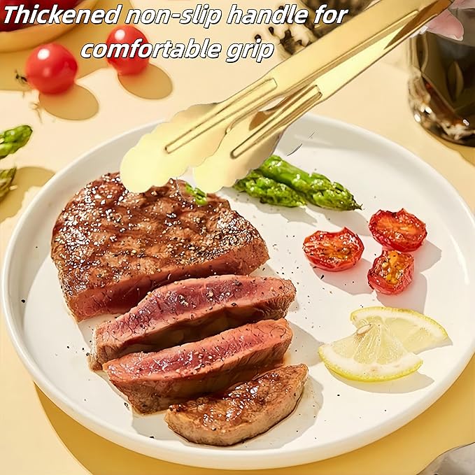 9 Inch Gold Cooking Tongs Set of 4, Stainless Steel Bread Salad Food Tong Serving Utensils for Buffet, Kitchen