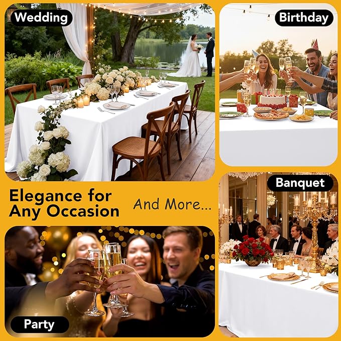 10-Pack White Tablecloths for Rectangle Tables, 60 x 84 Inches, Stain-Resistant Polyester Fabric for 4 Foot Tables - Washable Table Covers for Weddings, Banquets, Birthday Parties, Events