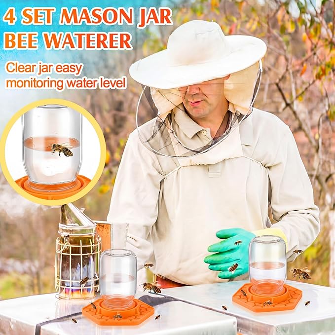 4 Pack Bee Feeder for Mason Jar Bee Watering Station Garden Silicone Sugar Water Feeder Beekeeping Drinking Equipment Tools with Mason Jars for Drinking Water(Orange,Hexagon)
