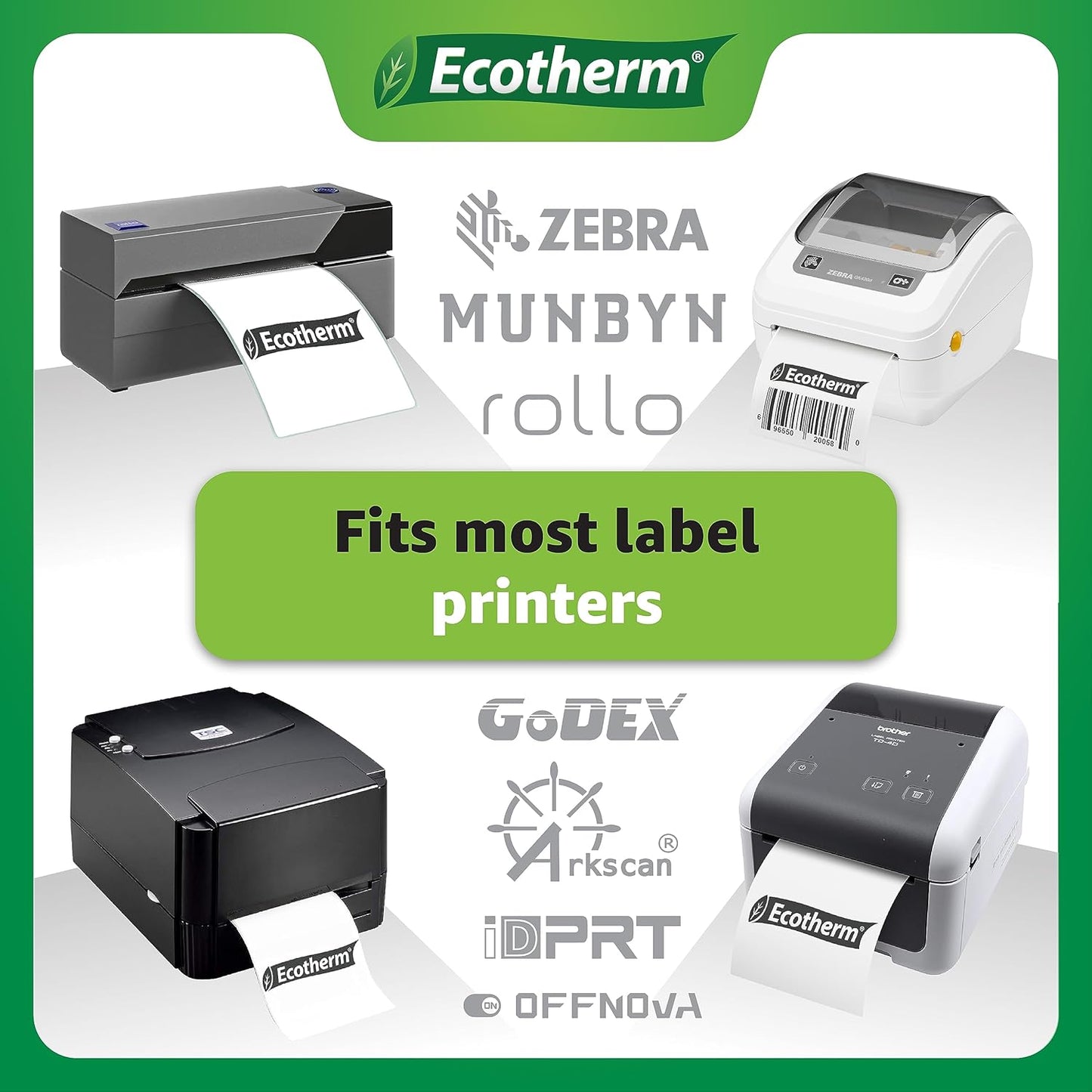 4" x 2" Thermal Labels | 6 Rolls | 7500 Labels | fits Zebra, Munbyn, Rollo, Godex, Arkscan, iDPRT, Offnova Thermal Label Printers and More | Blank White Adhesive Stickers by Ecotherm