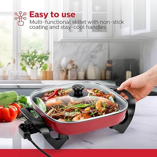 Holstein Housewares 12-Inch Electric Skillet - 1400W Electric Pan with Adjustable Temperature Control, PFOA-Free Non-Stick Coating, Cool-Touch Handles, Multi-Function Cooker, Red