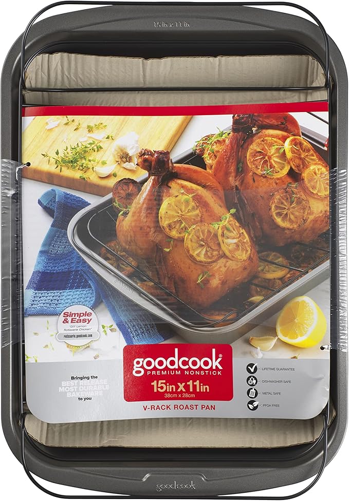 GoodCook Everyday Roast Pan with Rack Rectangular Nonstick Construction Large Capacity Metal Utensil-Safe, 15 x 11-Inch, Gray