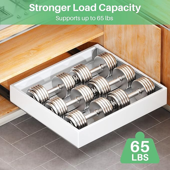 Pull out Cabinet Organizer, 21"Deep, 11.8"Wide Full-Extension Heavy Duty Slide out Drawers with Nano Adhesive, Roll Out Shelves Sliding Cabinet for Kitchen, Bathroom, Pantry,Under Sink Storage(White)