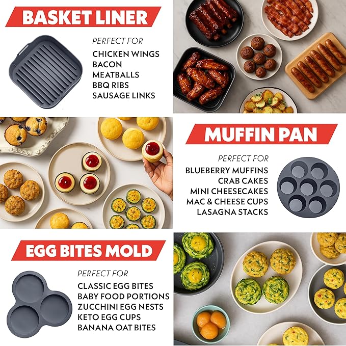 Gourmia Air Fryer Accessories Set - 3 Piece Silicone, Liner, Egg Bite Cooker, 7-Hole Cupcake Mold, BPA-Free, Nonstick, Heat Resistant 445°F, Dishwasher Safe, Food Grade