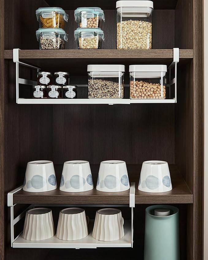 2Pack Under Shelf Storage Basket Organizer Expandable Width Add-On Space Saver Hanging Under Cabinet Pantry Kitchen Countertop Desktop Board Slide-in White Heavy-Duty Metal Higher Size