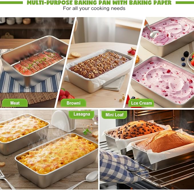 4 Packs 8.8×5.9 Inch Loaf Pans for Baking Bread, 304 Stainless Steel Loaf Bread Pan with Parchment Paper Liners, Metal Bakeware for Bread, Meatloaf, Cake Brownies, Easy Release, Oven & Dishwasher Safe